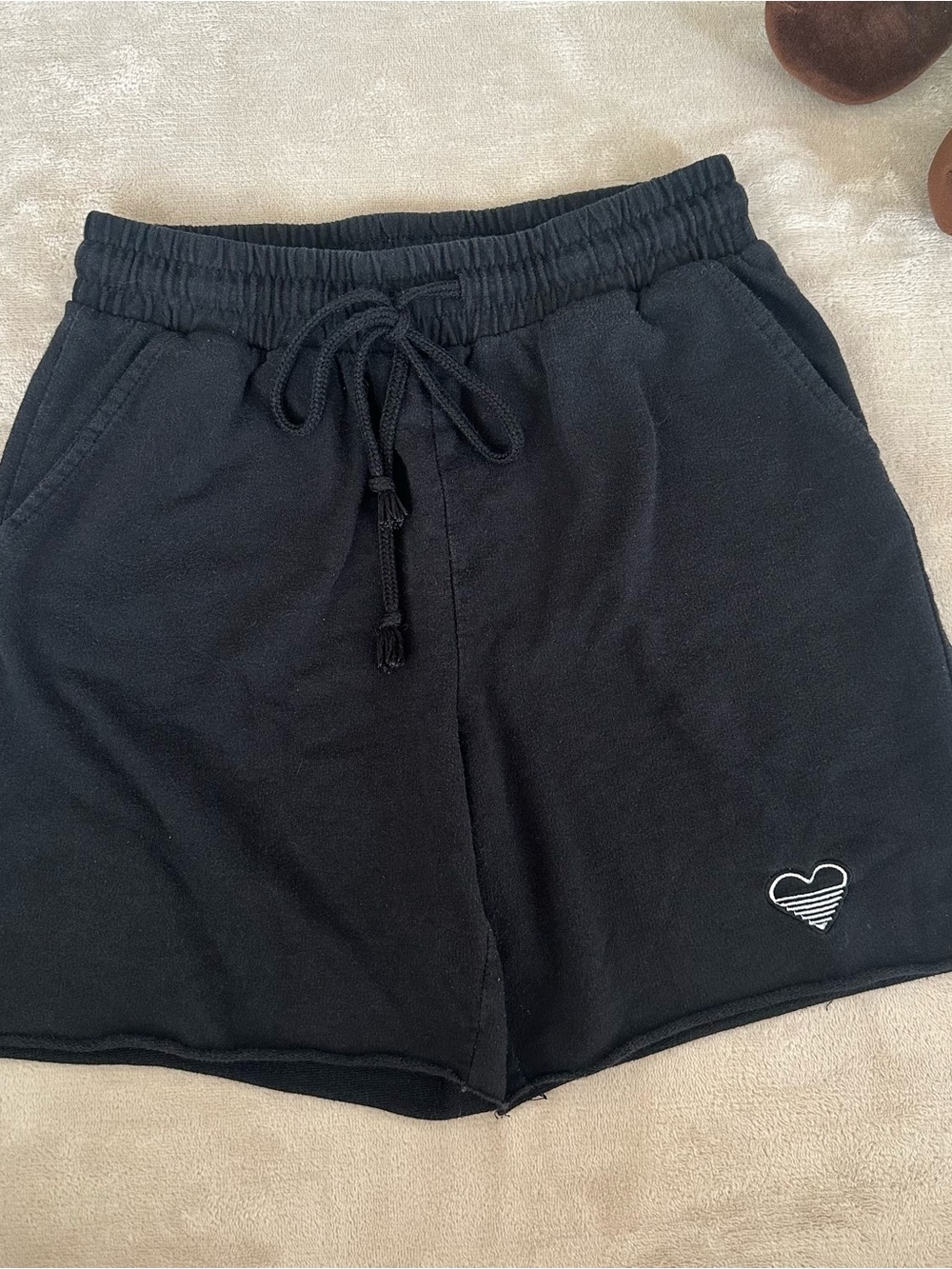 Black Drawstring Shorts with Heart Accent